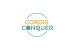 minimalist text logo for “Corgis Conquer” in soft rounded typography, teal and yellow color palette, with small corgi paw or heart icon
